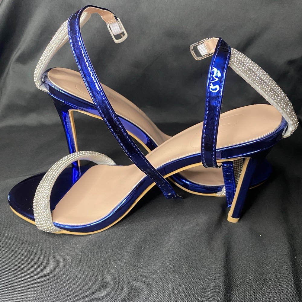Metallic Blue Patent Rhinestone Cross Strap Stiletto Sandal Heels Sz 9 - Picture 6 of 9